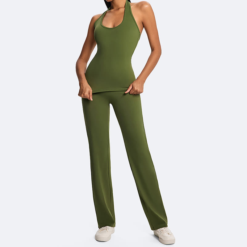 Nimara Ritual Solid Crop Halter Backless Sleeveless Top Straight Leg Pants For Sports Fitness Yoga