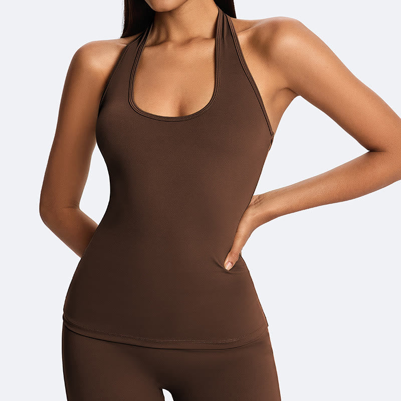 Nimara Ritual Solid Crop Halter Backless Sleeveless Top Straight Leg Pants For Sports Fitness Yoga
