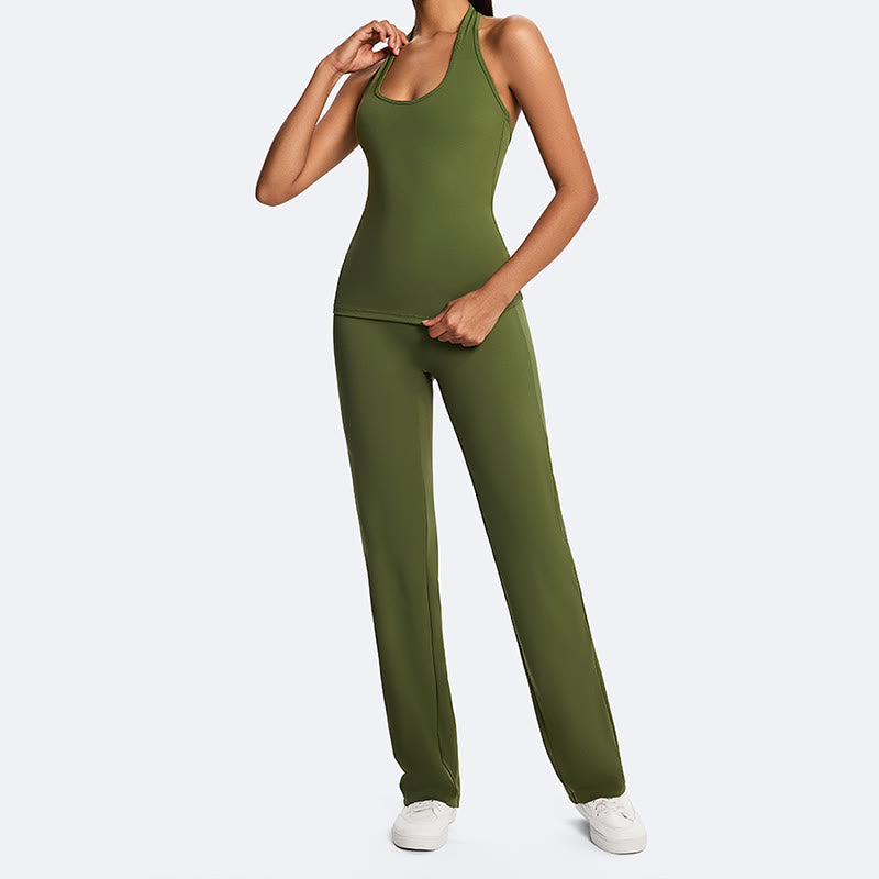 Nimara Ritual Solid Crop Halter Backless Sleeveless Top Straight Leg Pants For Sports Fitness Yoga