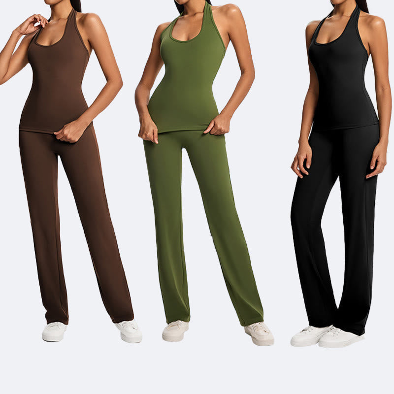 Nimara Ritual Solid Crop Halter Backless Sleeveless Top Straight Leg Pants For Sports Fitness Yoga