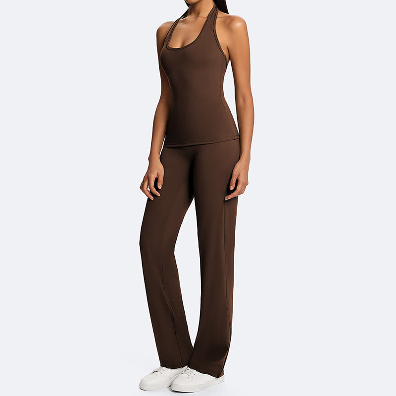 Nimara Ritual Solid Crop Halter Backless Sleeveless Top Straight Leg Pants For Sports Fitness Yoga