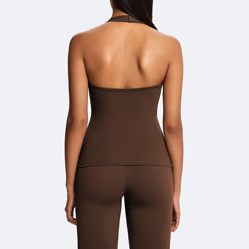 Nimara Ritual Solid Crop Halter Backless Sleeveless Top Straight Leg Pants For Sports Fitness Yoga