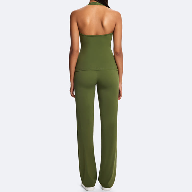 Nimara Ritual Solid Crop Halter Backless Sleeveless Top Straight Leg Pants For Sports Fitness Yoga