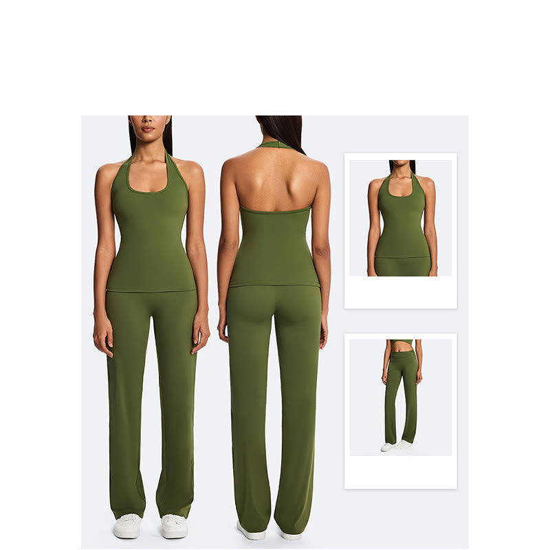Nimara Ritual Solid Crop Halter Backless Sleeveless Top Straight Leg Pants For Sports Fitness Yoga