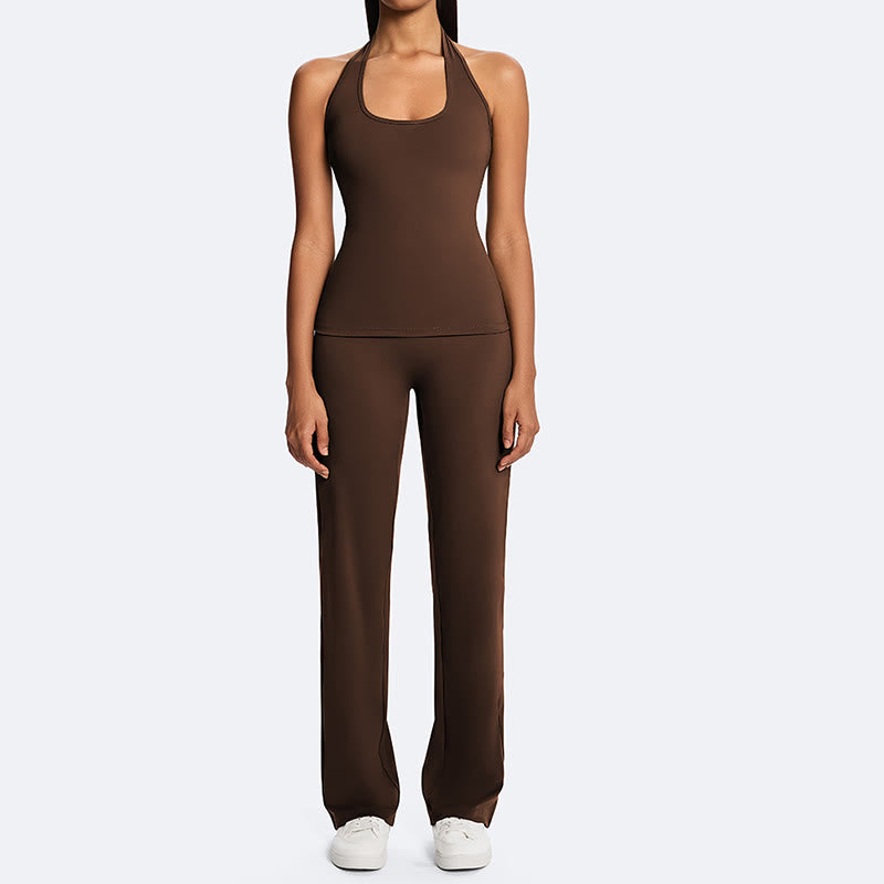 Nimara Ritual Solid Crop Halter Backless Sleeveless Top Straight Leg Pants For Sports Fitness Yoga