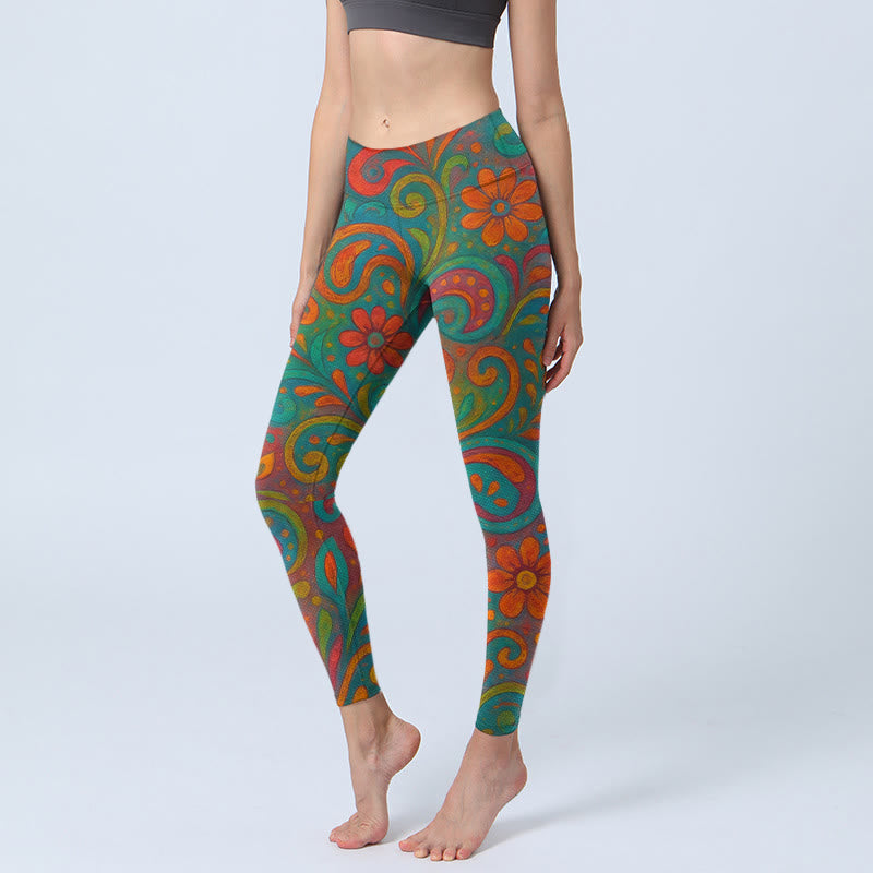 Nimara Ritual Vibrant Swirling Florals Paisley Print Gym Leggings Women's Yoga Pants