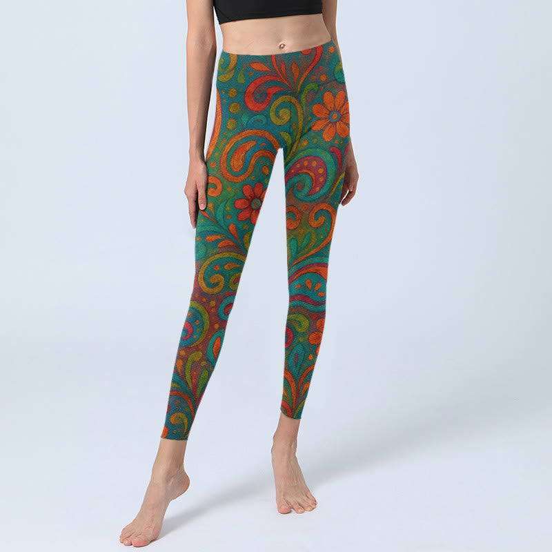 Nimara Ritual Vibrant Swirling Florals Paisley Print Gym Leggings Women's Yoga Pants