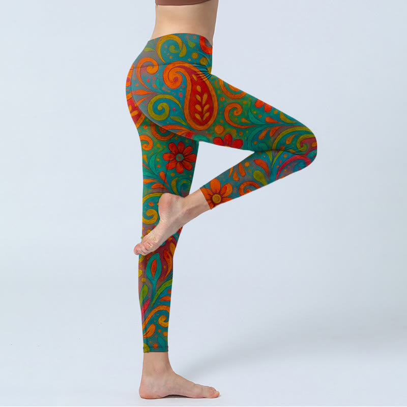 Nimara Ritual Vibrant Swirling Florals Paisley Print Gym Leggings Women's Yoga Pants