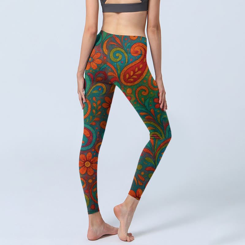 Nimara Ritual Vibrant Swirling Florals Paisley Print Gym Leggings Women's Yoga Pants