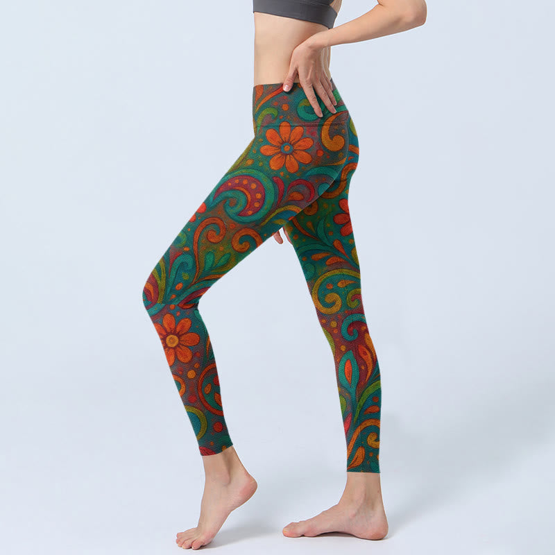 Nimara Ritual Vibrant Swirling Florals Paisley Print Gym Leggings Women's Yoga Pants