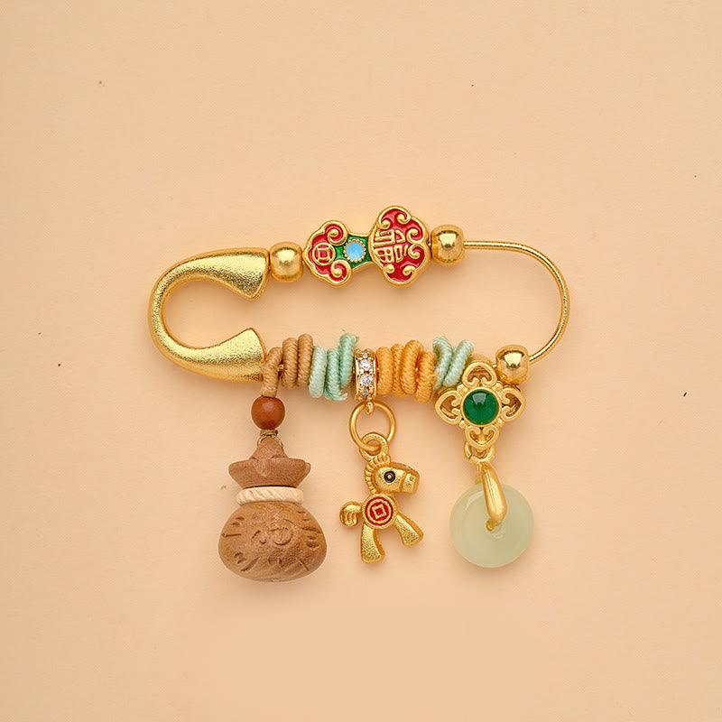 Nimara Ritual Year Of The Horse Fu Character Lotus Attract Fortune Ruyi Handle Peace Buckle Luck Brooch