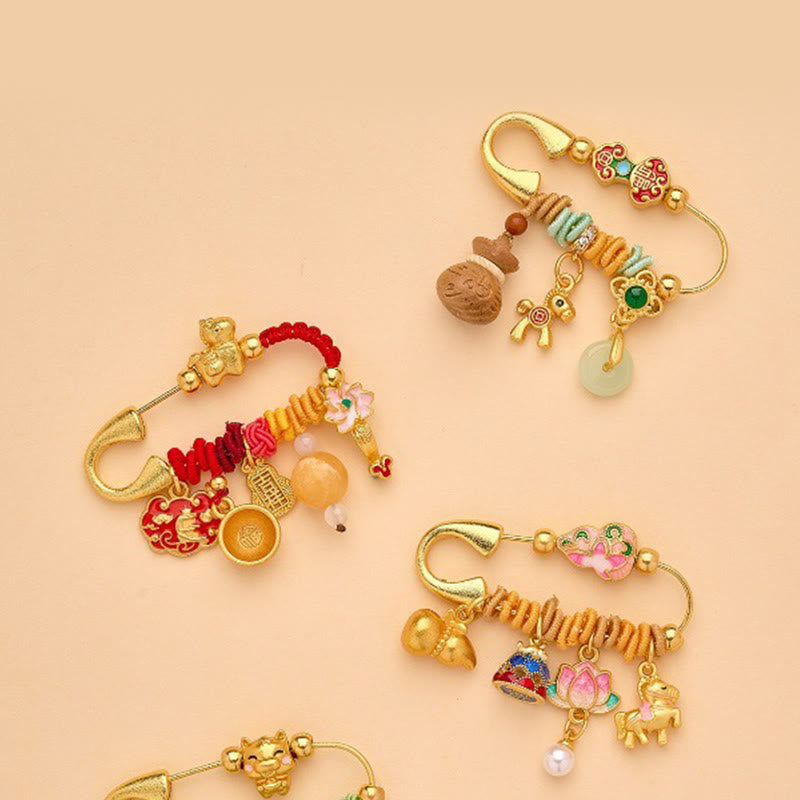 Nimara Ritual Year Of The Horse Fu Character Lotus Attract Fortune Ruyi Handle Peace Buckle Luck Brooch