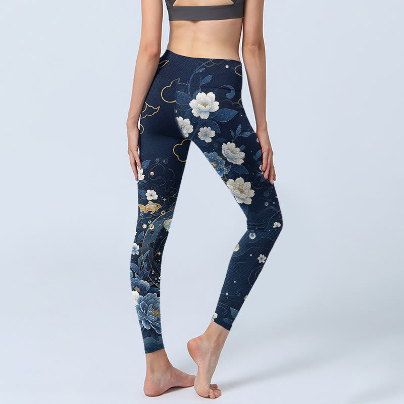 Nimara Ritual Blue White Peony Flowers Koi Fish Print Gym Leggings Women's Yoga Pants