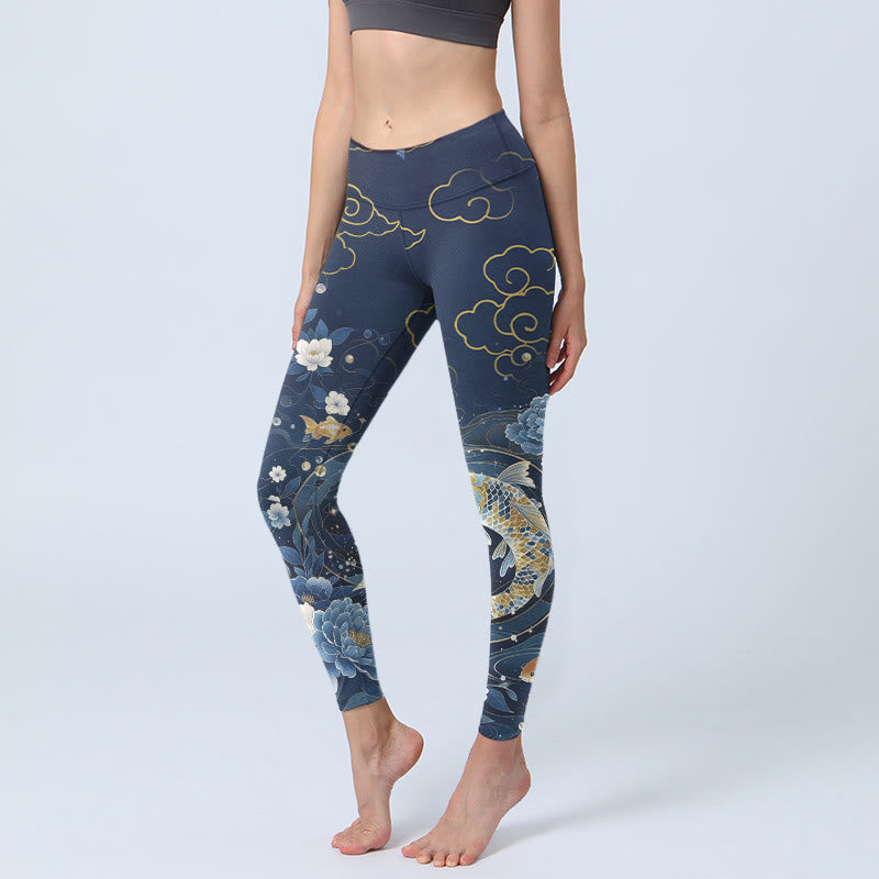 Nimara Ritual Blue White Peony Flowers Koi Fish Print Gym Leggings Women's Yoga Pants
