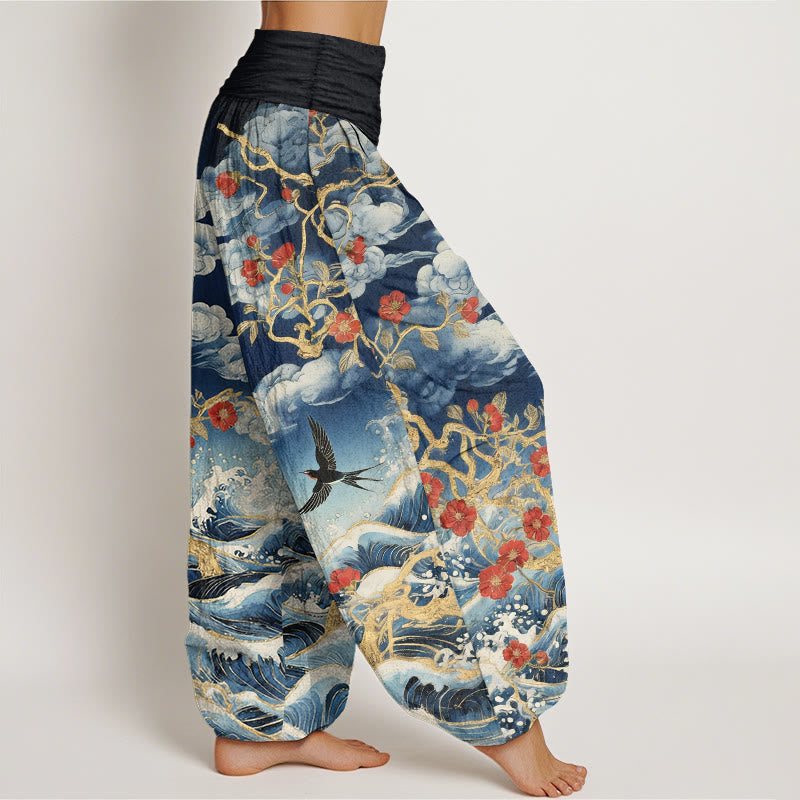 Nimara Ritual Pure Cotton Auspicious Clouds Red Blossoms Swallow Ocean Waves Women's Elastic Waist Harem Pants