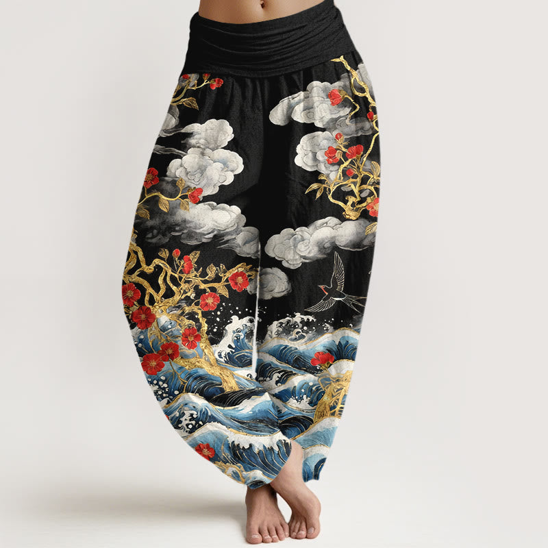 Nimara Ritual Pure Cotton Auspicious Clouds Red Blossoms Swallow Ocean Waves Women's Elastic Waist Harem Pants