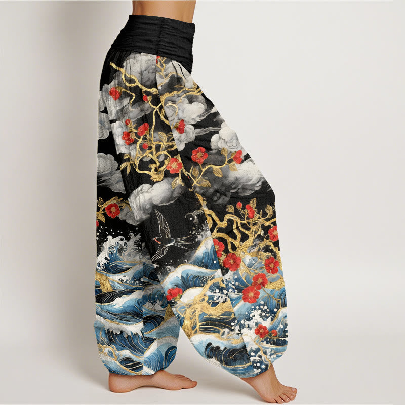 Nimara Ritual Pure Cotton Auspicious Clouds Red Blossoms Swallow Ocean Waves Women's Elastic Waist Harem Pants
