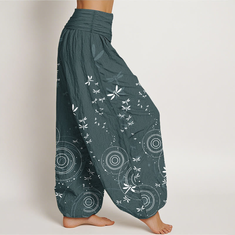 Nimara Ritual Pure Cotton Circular Lines Dragonfly Women's Elastic Waist Harem Pants