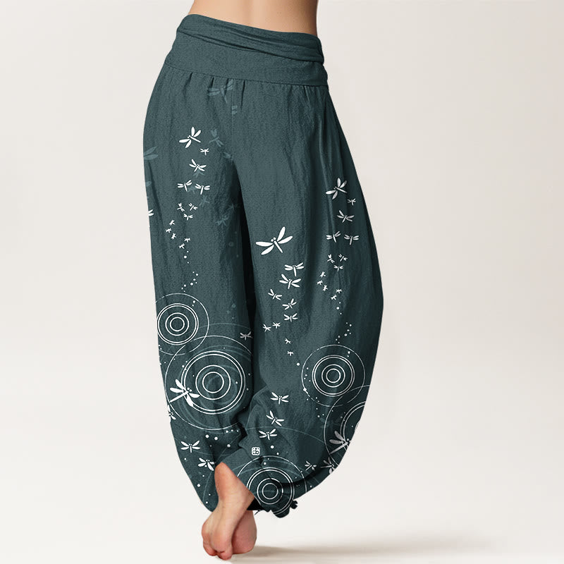Nimara Ritual Pure Cotton Circular Lines Dragonfly Women's Elastic Waist Harem Pants