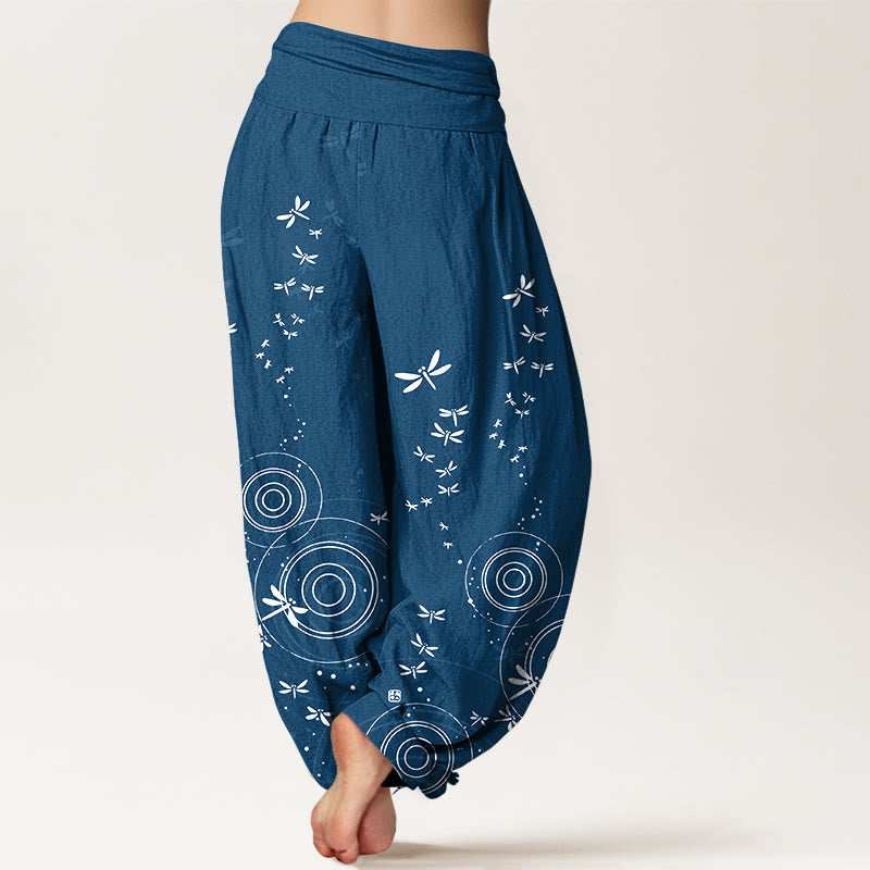 Nimara Ritual Pure Cotton Circular Lines Dragonfly Women's Elastic Waist Harem Pants