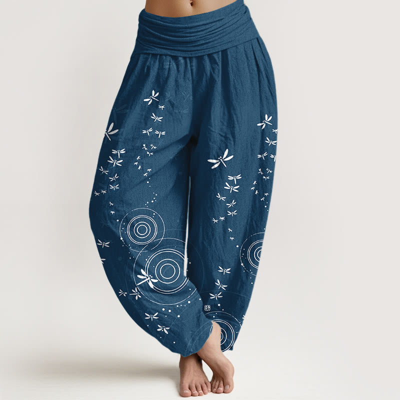 Nimara Ritual Pure Cotton Circular Lines Dragonfly Women's Elastic Waist Harem Pants