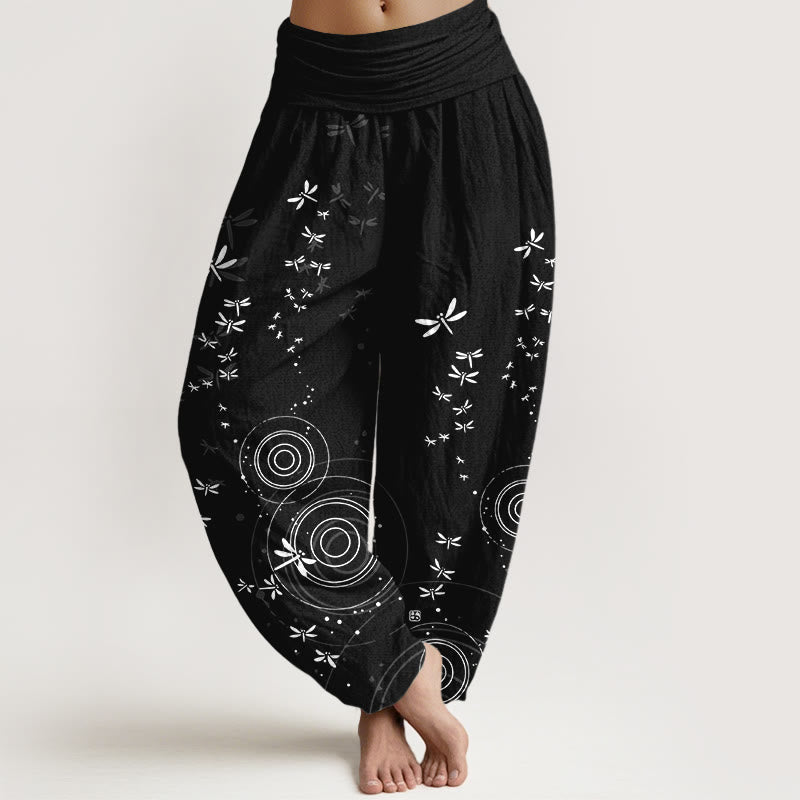 Nimara Ritual Pure Cotton Circular Lines Dragonfly Women's Elastic Waist Harem Pants