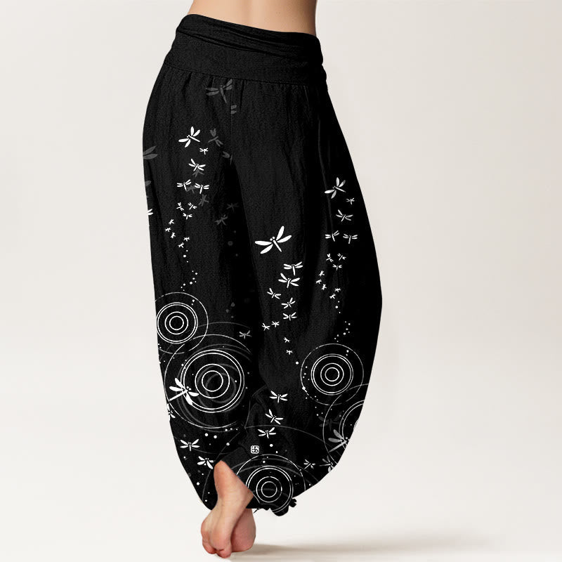 Nimara Ritual Pure Cotton Circular Lines Dragonfly Women's Elastic Waist Harem Pants