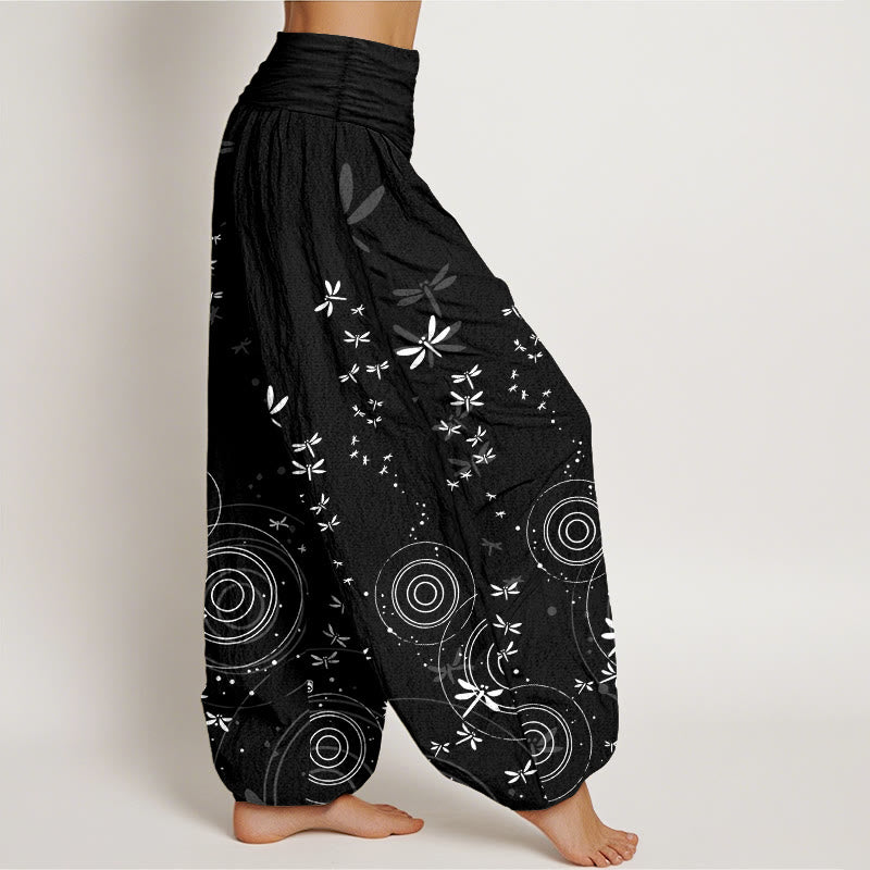 Nimara Ritual Pure Cotton Circular Lines Dragonfly Women's Elastic Waist Harem Pants