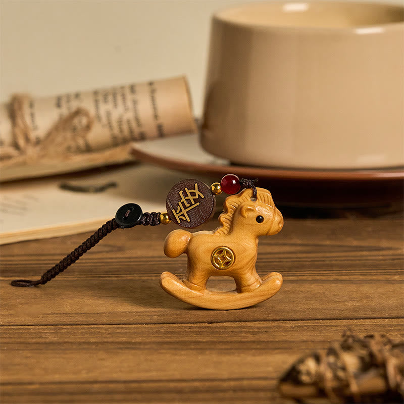 Nimara Ritual Year of the Horse Rainbow Eucalyptus Small Leaf Red Sandalwood Linden Wood Ebony Carved Positive Key Chain