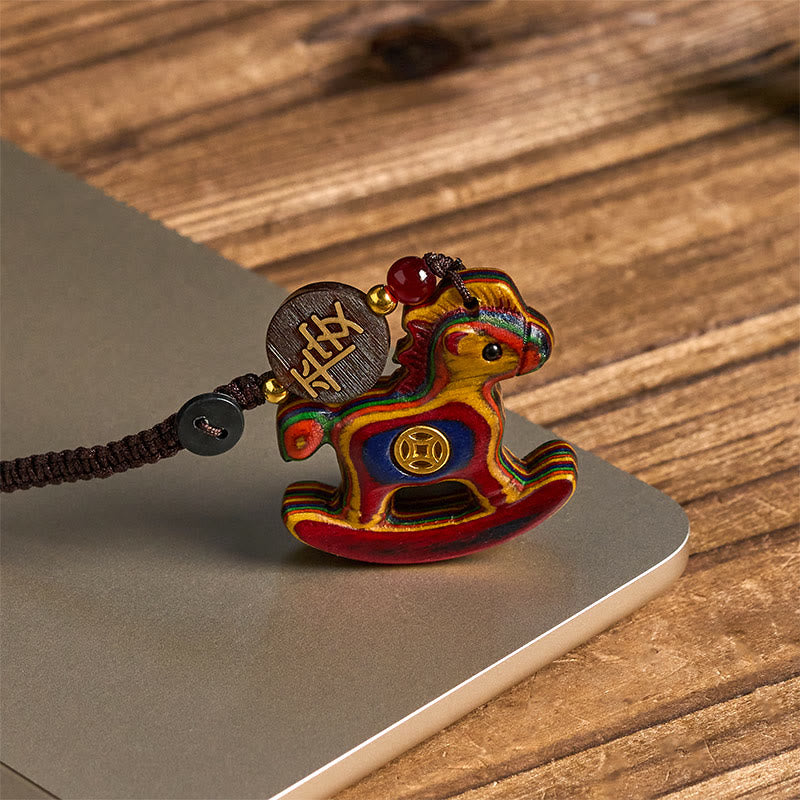 Nimara Ritual Year of the Horse Rainbow Eucalyptus Small Leaf Red Sandalwood Linden Wood Ebony Carved Positive Key Chain