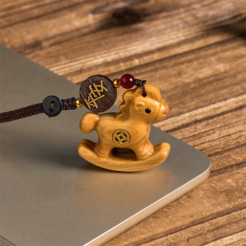 Nimara Ritual Year of the Horse Rainbow Eucalyptus Small Leaf Red Sandalwood Linden Wood Ebony Carved Positive Key Chain
