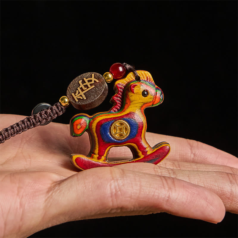 Nimara Ritual Year of the Horse Rainbow Eucalyptus Small Leaf Red Sandalwood Linden Wood Ebony Carved Positive Key Chain