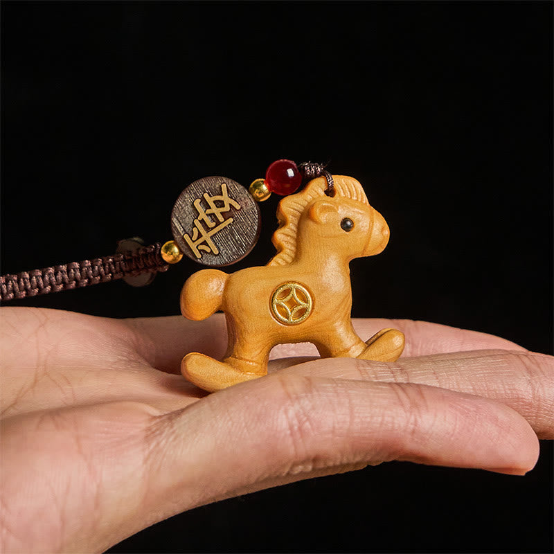 Nimara Ritual Year of the Horse Rainbow Eucalyptus Small Leaf Red Sandalwood Linden Wood Ebony Carved Positive Key Chain