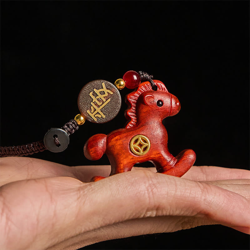 Nimara Ritual Year of the Horse Rainbow Eucalyptus Small Leaf Red Sandalwood Linden Wood Ebony Carved Positive Key Chain