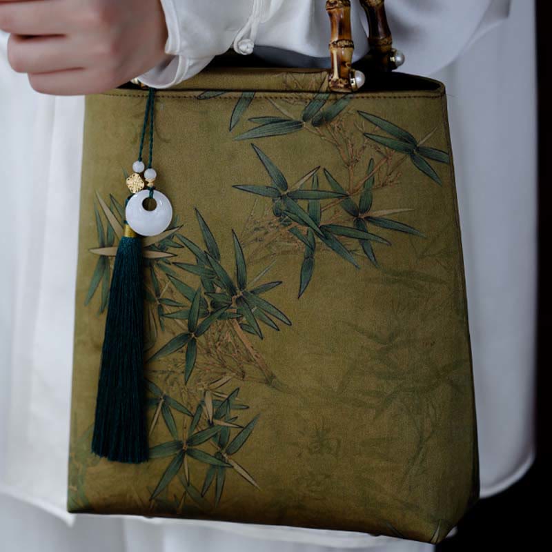 Nimara Ritual Yellow Green Bamboo Leaves Bamboo Handles Handbag