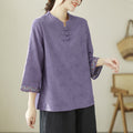 Nimara Ritual Jacquard Frog-button Stand Collar Embroidered Three Quarter Sleeve Design Women's Cotton Shirt