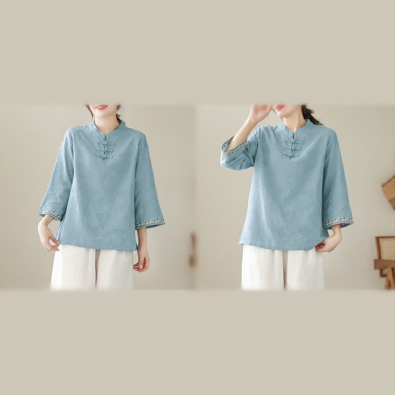 Nimara Ritual Jacquard Frog-button Stand Collar Embroidered Three Quarter Sleeve Design Women's Cotton Shirt