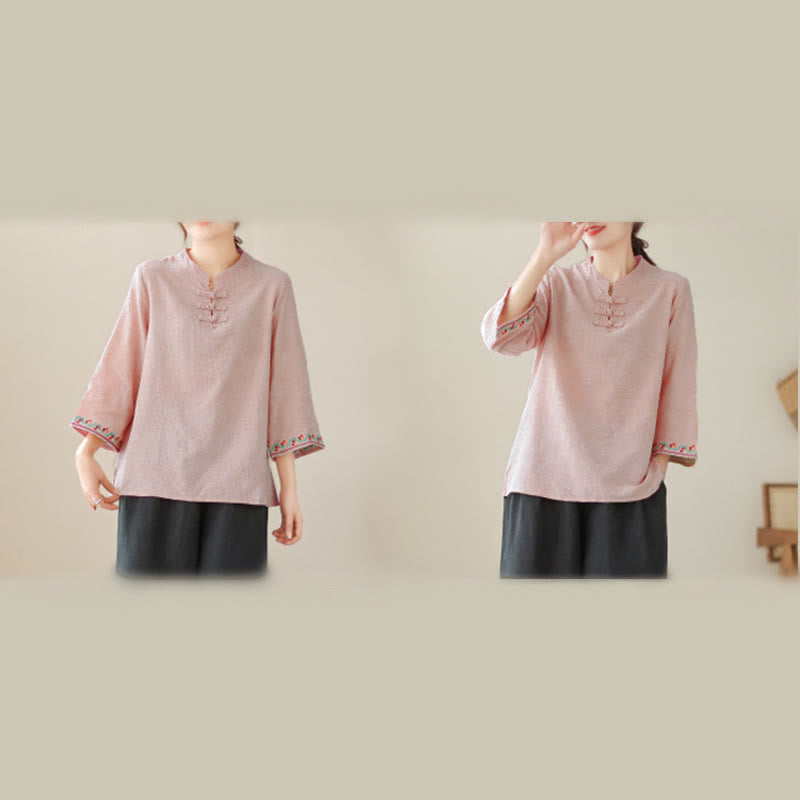 Nimara Ritual Jacquard Frog-button Stand Collar Embroidered Three Quarter Sleeve Design Women's Cotton Shirt