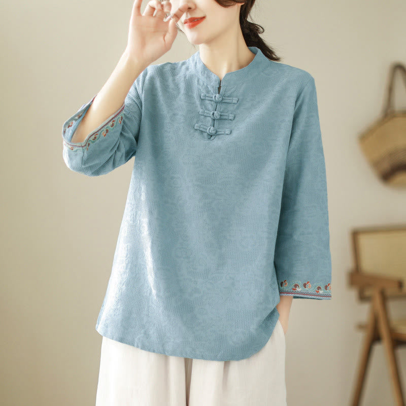 Nimara Ritual Jacquard Frog-button Stand Collar Embroidered Three Quarter Sleeve Design Women's Cotton Shirt