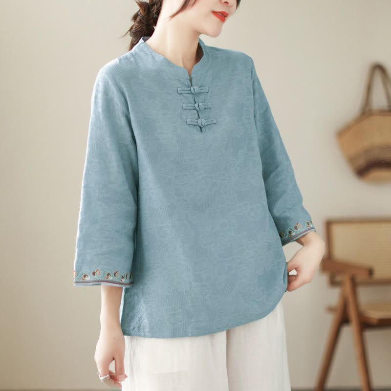 Nimara Ritual Jacquard Frog-button Stand Collar Embroidered Three Quarter Sleeve Design Women's Cotton Shirt