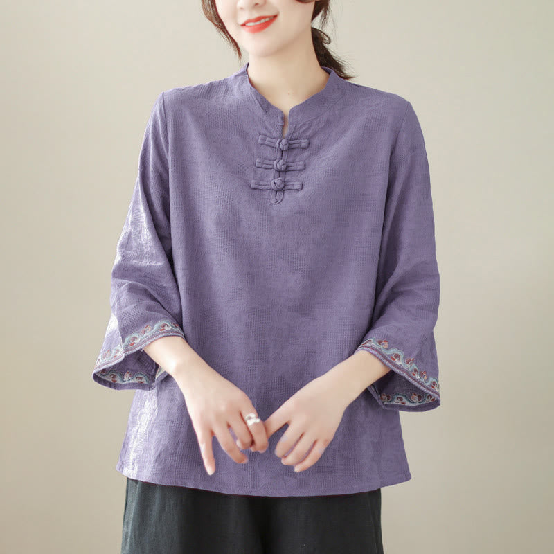 Nimara Ritual Jacquard Frog-button Stand Collar Embroidered Three Quarter Sleeve Design Women's Cotton Shirt