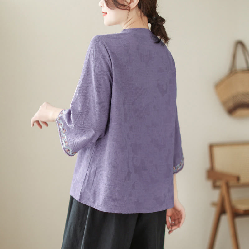 Nimara Ritual Jacquard Frog-button Stand Collar Embroidered Three Quarter Sleeve Design Women's Cotton Shirt