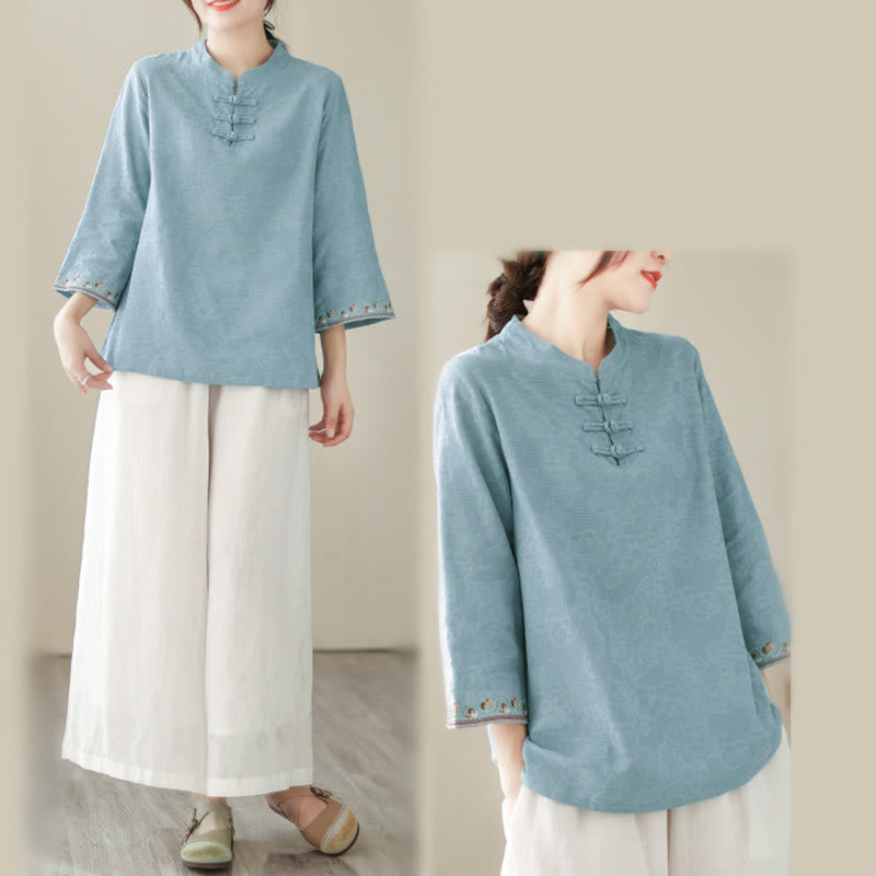 Nimara Ritual Jacquard Frog-button Stand Collar Embroidered Three Quarter Sleeve Design Women's Cotton Shirt