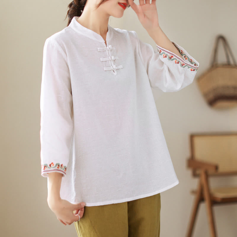 Nimara Ritual Jacquard Frog-button Stand Collar Embroidered Three Quarter Sleeve Design Women's Cotton Shirt