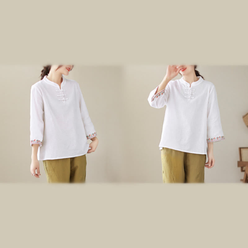 Nimara Ritual Jacquard Frog-button Stand Collar Embroidered Three Quarter Sleeve Design Women's Cotton Shirt