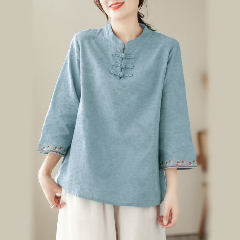 Nimara Ritual Jacquard Frog-button Stand Collar Embroidered Three Quarter Sleeve Design Women's Cotton Shirt