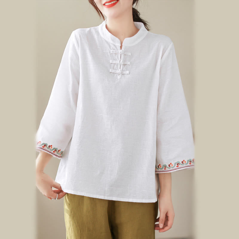 Nimara Ritual Jacquard Frog-button Stand Collar Embroidered Three Quarter Sleeve Design Women's Cotton Shirt