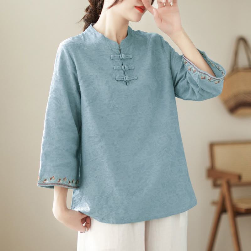 Nimara Ritual Jacquard Frog-button Stand Collar Embroidered Three Quarter Sleeve Design Women's Cotton Shirt