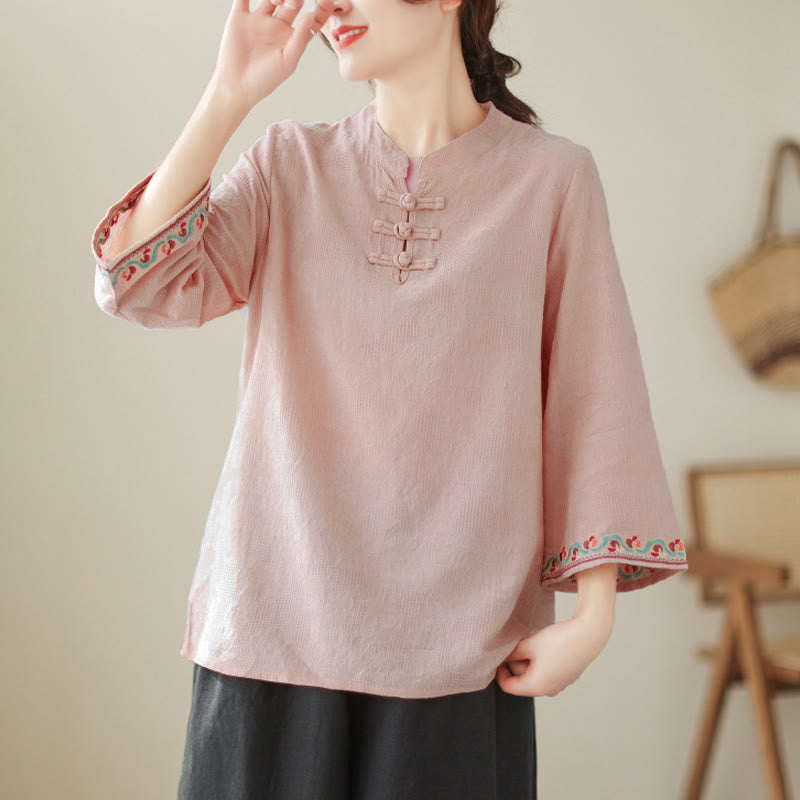 Nimara Ritual Jacquard Frog-button Stand Collar Embroidered Three Quarter Sleeve Design Women's Cotton Shirt