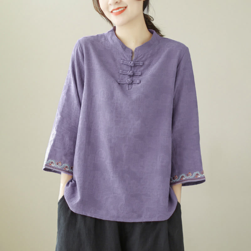Nimara Ritual Jacquard Frog-button Stand Collar Embroidered Three Quarter Sleeve Design Women's Cotton Shirt
